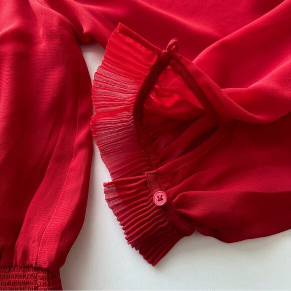 Ann Taylor Women’s Red Pleated Smocked Waist Long Sleeve Blouse - Picture 9 of 11